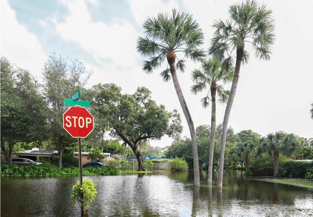 Neighborhood flooding in Fort Lauderdale after a rainstorm is an common occurrence. Credit: Jillian Cain/Getty Images, 2020