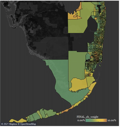 SEFL Region Average Energy Burden. This figure shows the relative average energy burden by census tract across the SEFL region, with cooler blue-green colors indicating lower energy burden and warmer yellow to orange and red indicating higher energy burden.