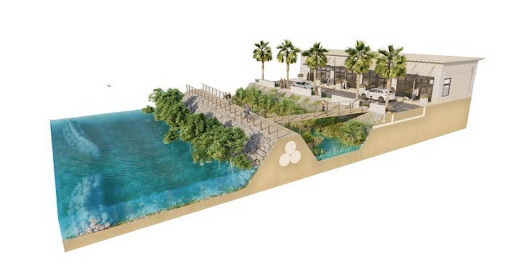 This rendering shows a potential hybrid strategy for protecting coastal Miami-Dade from storm surge, tall sea walls combined with an earthen berm and oyster reefs along the coast. (Credit: Moffatt & Nichol)
