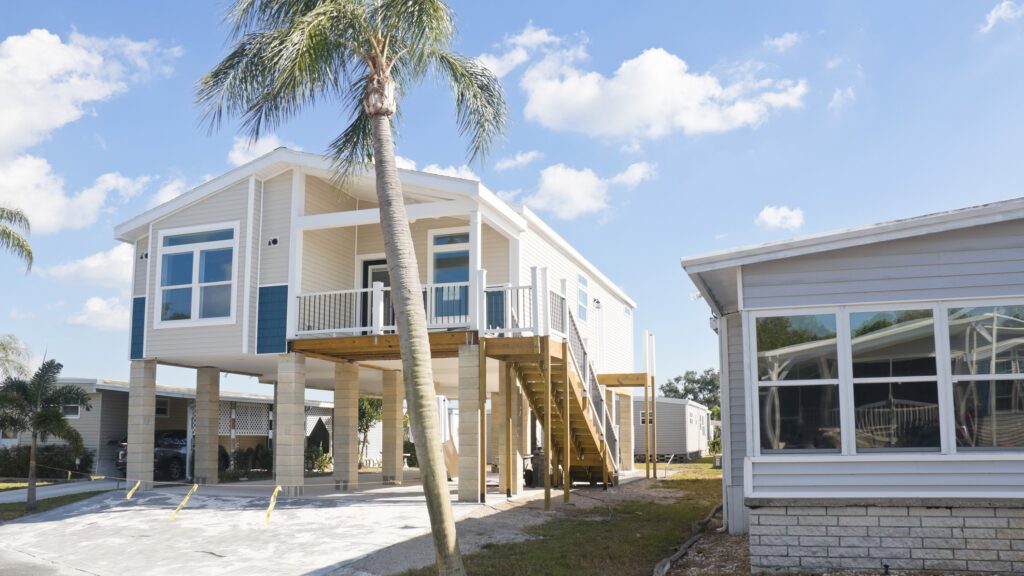 A house on a beach stood up multiple feet above the ground with wooden beams.